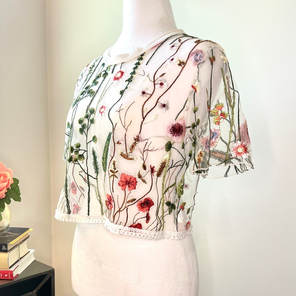 SOLD Floral Embroidered Sheer White Top - Picture 5 of 7